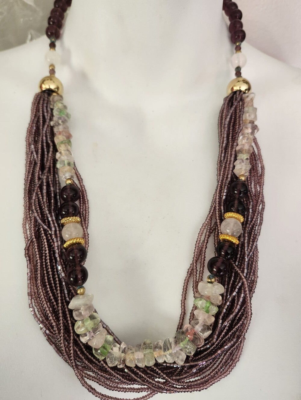 Boho Multi-Strand Beaded Statement Necklace in Plum and Clear Beads
